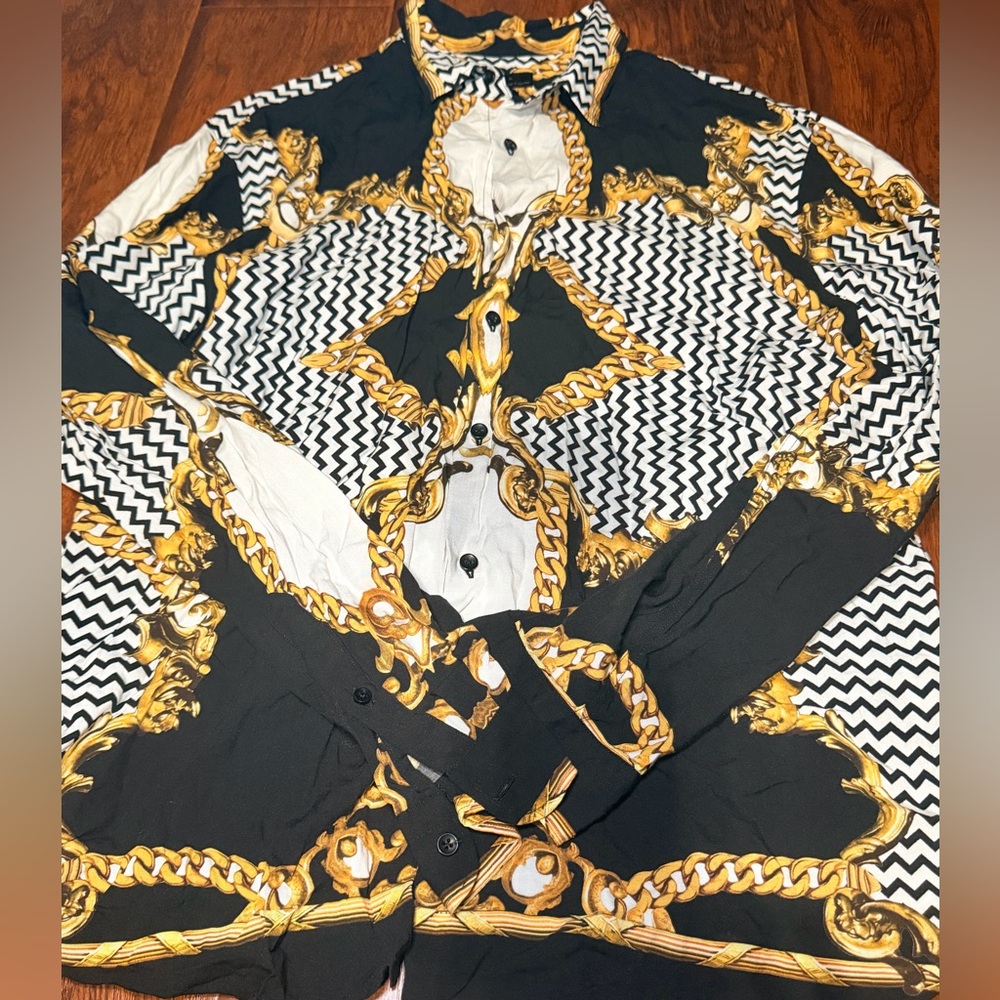 Zara Black White Gold Chain Print Men’s Shirt